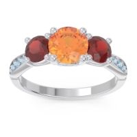 Citrine Ring In 18k White Gold With Garnet And Aquamarine Zasti Round Three-stone Ring