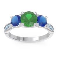 Lab Emerald Ring In Palladium With Blue Sapphire And Aquamarine Zasti Round Three-stone Ring