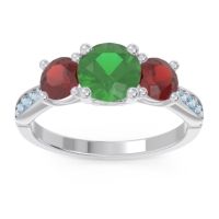Emerald Ring In 18k White Gold With Garnet And Aquamarine Zasti Round Three-stone Ring