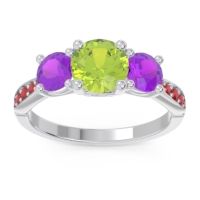 Peridot Ring In Palladium With Amethyst And Ruby Zasti Round Three-stone Ring