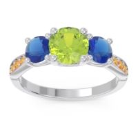 Peridot Ring In Palladium With Blue Sapphire And Citrine Zasti Round Three-stone Ring