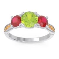 Peridot Ring In 18k White Gold With Ruby And Citrine Zasti Round Three-stone Ring