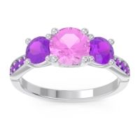 Pink Tourmaline Ring In Palladium With Amethyst Zasti Round Three-stone Ring