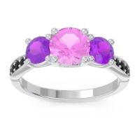 Pink Tourmaline Ring In Palladium With Amethyst And Black Onyx Zasti Round Three-stone Ring