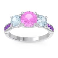 Pink Tourmaline Ring In Palladium With Aquamarine And Amethyst Zasti Round Three-stone Ring