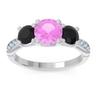 Pink Tourmaline Ring In Palladium With Black Onyx And Aquamarine Zasti Round Three-stone Ring