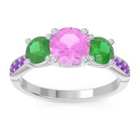 Pink Tourmaline Ring In Palladium With Emerald And Amethyst Zasti Round Three-stone Ring