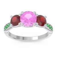 Pink Tourmaline Ring In Palladium With Garnet And Emerald Zasti Round Three-stone Ring