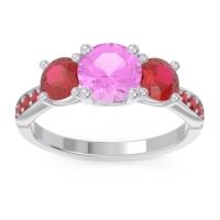 Pink Tourmaline Ring In Palladium With Ruby Zasti Round Three-stone Ring