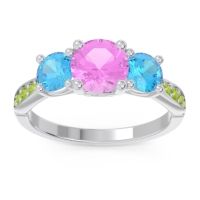 Pink Tourmaline Ring In 14k White Gold With Swiss Blue Topaz And Peridot Zasti Round Three-stone Ring