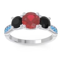Lab Ruby Ring In Palladium With Black Onyx And Swiss Blue Topaz Zasti Round Three-stone Ring