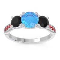Swiss Blue Topaz Ring In Palladium With Black Onyx And Ruby Zasti Round Three-stone Ring