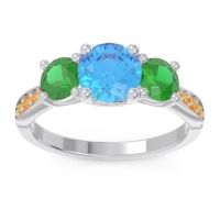 Swiss Blue Topaz Ring In Palladium With Emerald And Citrine Zasti Round Three-stone Ring