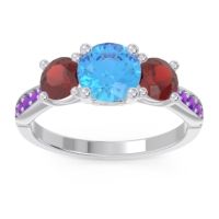 Swiss Blue Topaz Ring In Palladium With Garnet And Amethyst Zasti Round Three-stone Ring