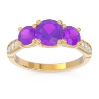 Amethyst Engagement Ring In 14k Yellow Gold With Diamond - Zasti Round Three-stone Ring