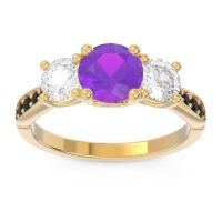 Amethyst Ring In 14k Yellow Gold With Diamond And Black Onyx Zasti Round Three-stone Ring