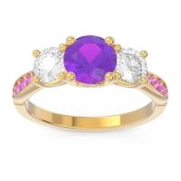 Amethyst Ring In 14k Yellow Gold With Lab Diamond And Pink Tourmaline Zasti Round Three-stone Ring