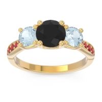 Black Onyx Ring In 14k Yellow Gold With Aquamarine And Ruby Zasti Round Three-stone Ring