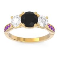 Black Onyx Ring In 14k Yellow Gold With Diamond And Amethyst Zasti Round Three-stone Ring