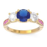 Lab Blue Sapphire Ring In 14k Yellow Gold With Diamond And Pink Tourmaline Zasti Round Three-stone Ring