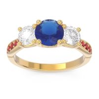 Lab Blue Sapphire Ring In 14k Yellow Gold With Lab Diamond And Ruby Zasti Round Three-stone Ring