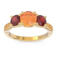 Citrine Ring In 18k Yellow Gold With Garnet Zasti Round Three-stone Ring