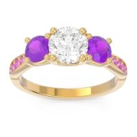 Lab Diamond Ring In 14k Yellow Gold With Amethyst And Pink Tourmaline Zasti Round Three-stone Ring