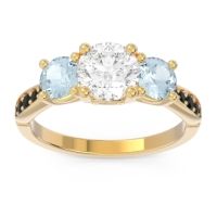 Lab Diamond Ring In 18k Yellow Gold With Aquamarine And Black Onyx Zasti Round Three-stone Ring