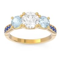 Lab Diamond Ring In 14k Yellow Gold With Aquamarine And Blue Sapphire Zasti Round Three-stone Ring