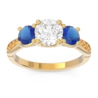 Lab Diamond Ring In 18k Yellow Gold With Blue Sapphire And Citrine Zasti Round Three-stone Ring