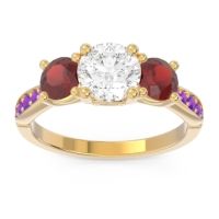 Lab Diamond Ring In 14k Yellow Gold With Garnet And Amethyst Zasti Round Three-stone Ring