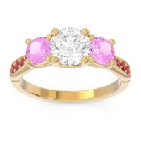 Lab Diamond Ring In 14k Yellow Gold With Pink Tourmaline And Ruby Zasti Round Three-stone Ring