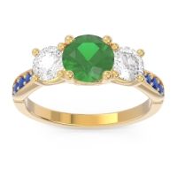 Lab Emerald Ring In 14k Yellow Gold With Lab Diamond And Blue Sapphire Zasti Round Three-stone Ring
