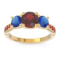 Garnet Ring In 14k Yellow Gold With Blue Sapphire And Ruby Zasti Round Three-stone Ring