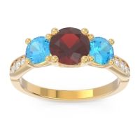 Garnet Ring In 18k Yellow Gold With Swiss Blue Topaz And Lab Diamond Zasti Round Three-stone Ring