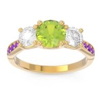 Peridot Ring In 14k Yellow Gold With Lab Diamond And Amethyst Zasti Round Three-stone Ring