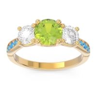 Peridot Ring In 18k Yellow Gold With Diamond And Swiss Blue Topaz Zasti Round Three-stone Ring