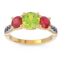 Peridot Ring In 18k Yellow Gold With Ruby And Blue Sapphire Zasti Round Three-stone Ring