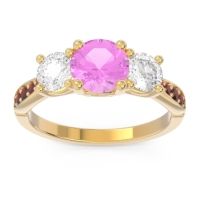 Pink Tourmaline Ring In 14k Yellow Gold With Lab Diamond And Garnet Zasti Round Three-stone Ring