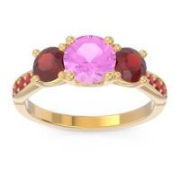 Pink Tourmaline Ring In 18k Yellow Gold With Garnet And Ruby Zasti Round Three-stone Ring