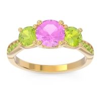 Pink Tourmaline Ring In 18k Yellow Gold With Peridot Zasti Round Three-stone Ring