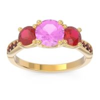 Pink Tourmaline Ring In 18k Yellow Gold With Ruby And Garnet Zasti Round Three-stone Ring