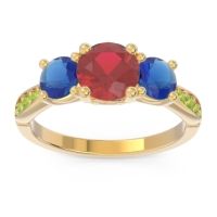 Lab Ruby Ring In 18k Yellow Gold With Blue Sapphire And Peridot Zasti Round Three-stone Ring