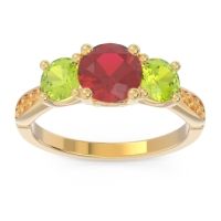 Lab Ruby Ring In 18k Yellow Gold With Peridot And Citrine Zasti Round Three-stone Ring