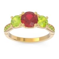 Lab Ruby Ring In 18k Yellow Gold With Peridot Zasti Round Three-stone Ring