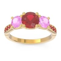 Lab Ruby Ring In 14k Yellow Gold With Pink Tourmaline And Ruby Zasti Round Three-stone Ring
