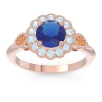 Lab Blue Sapphire Ring In 18K Rose Gold With Aquamarine And Citrine Narayantra Round Antique Ring