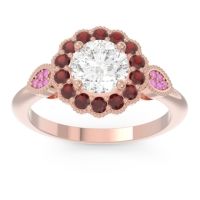 Lab Diamond Ring In 14K Rose Gold With Garnet And Pink Tourmaline Narayantra Round Antique Ring