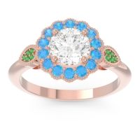 Lab Diamond Ring In 14K Rose Gold With Swiss Blue Topaz And Emerald Narayantra Round Antique Ring
