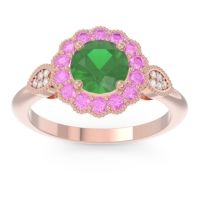 Lab Emerald Engagement Ring In 14K Rose Gold With Pink Tourmaline And Diamond - Narayantra Round Antique Ring